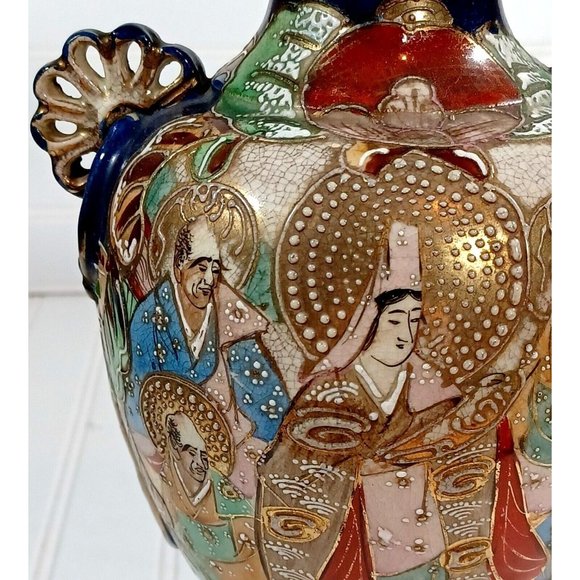 Antique Famille Immortals Japanese Satsuma Moriage Cobalt Blue Vase 12" Vintage - Picture 4 of 9